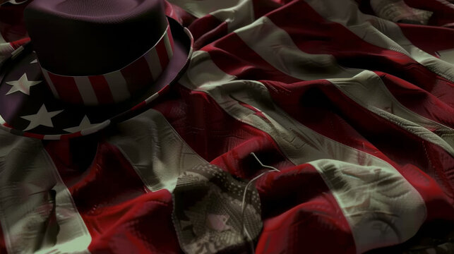 American Flag Draped Background With Patriotic Top Hat