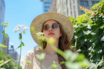 Urban Park Relaxation - Summer Vibes: A young woman relaxing in an urban park, dressed in a summer outfit with a sun hat and sunglasses, enjoying the greenery and cityscape.