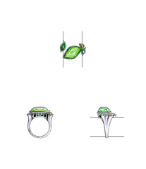 Jewelry design modern art ring set with peridot and fancy sapphire sketch by hand on paper.