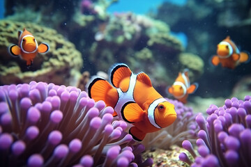 Colorful marine life featuring clownfish among coral and reef in an aquarium