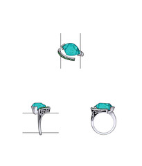 Jewelry design modern art ring set with turquoise and green sapphire sketch by hand on paper.