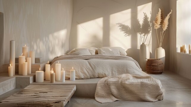 A variety of pillar candles in varying sizes and shades are arranged on multilevel platforms adding a cozy touch to this modern minimalist bedroom. 2d flat cartoon.