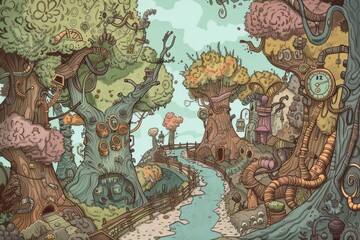 Cartoon cute doodles of a fantastical steampunk forest, where characters traverse winding paths lined with mechanical trees and encounter whimsical, Generative AI