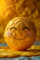 Smiling origami emoji ball on yellow background