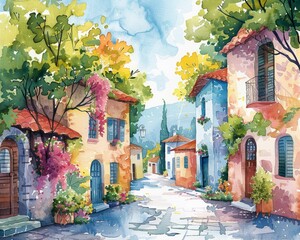 A watercolor illustration of a quaint village street, with colorful buildings and charming background elements