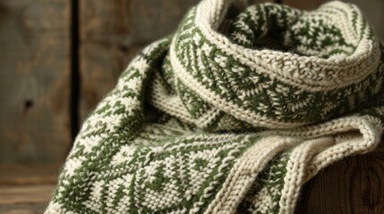 A handknitted scarf made from soft alpaca wool in shades of cream and moss green with intricate patterns inspired by alpine meadows..