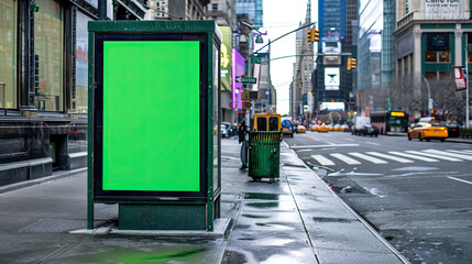 Bus stop in New York city with vertical digital OOH mockup with green screen