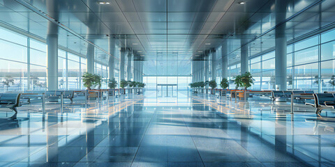 A image of an empty airport terminal with check-in counters, departure gates, and seating areas,...