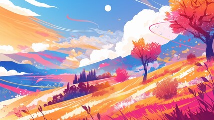 Enchanting abstract landscape with whimsical clouds and vibrant, dreamy hues