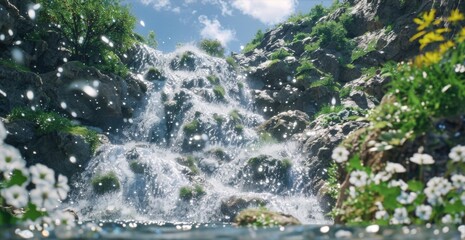 Naklejka premium A sparkling waterfall cascading down a mountain its waters infused with mystical minerals and elements that are carefully collected . .