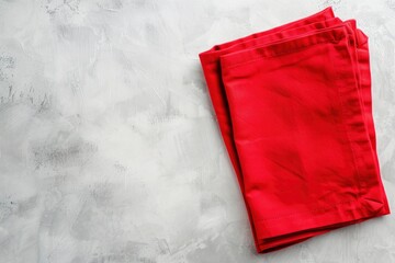 top view with red empty kitchen napkin isolated on table background. Folded cloth for mockup with copy space, Flat lay. Minimal style - generative ai