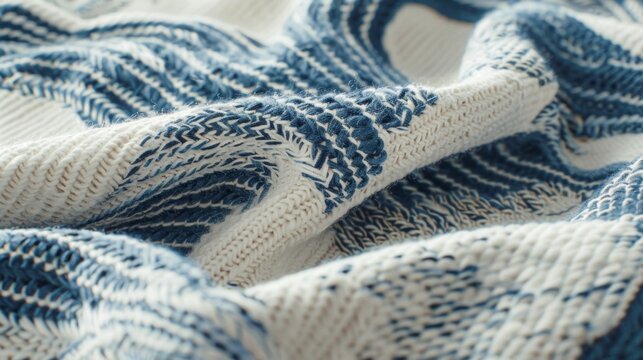 A cozy sweater made from hemp and cotton blend featuring an abstract print of ocean waves representing the importance of sustainable practices in preserving our oceans..