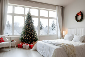decorated room for winter holidays with a large window, a Christmas tree and white bed near it