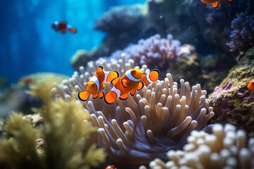 Clownfish swimming among vibrant coral reef and sea anemones