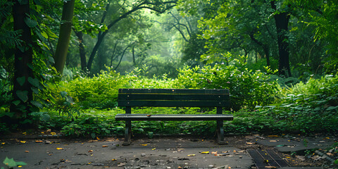 bench in the park, A image of an empty park bench surrounded by trees and greenery, inviting relaxation and contemplation in a peaceful setting