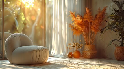 Room with unique chair and orange plant decoration - Powered by Adobe