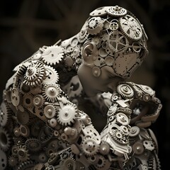 Anthropomorphic Mechanical Construct in Deep Contemplation Highlighting the Interplay of Human Cognition and Technological Innovation