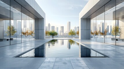 Sleek High Rise Office Complex with Minimalist Aesthetic and Reflective Glass Surfaces in Urban Cityscape