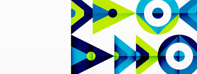 An artistic composition featuring a mix of azure, electric blue, and tints and shades of green in a symmetrical pattern of rectangles, triangles, circles, and arrows on a white background