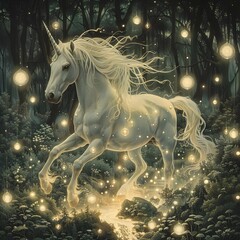 Ethereal Unicorn in a Shimmering Crystalline Forest with Luminescent Orbs and Swirling Mist Dreamlike Aesthetic