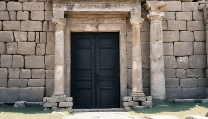 A-black-door-set-against-a-backdrop-of-ancient-ruins--