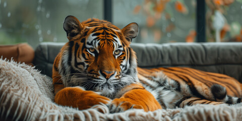 Tiger is lying on the couch
