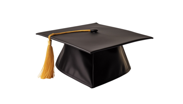 Classic black graduation cap with a gold tassel, representing academic achievement, isolated on transparent background. Generative AI
