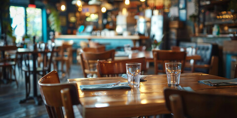 A image of an empty restaurant dining area with tables, chairs, and place settings, hinting at the anticipation of diners to come