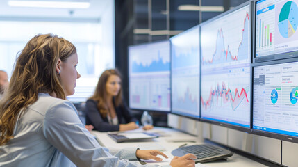 Help Desk Staff Consulting Large Monitors with Data Analytics, Technical and Analytical Setting, Professional IT Support and Data Analysis Environment