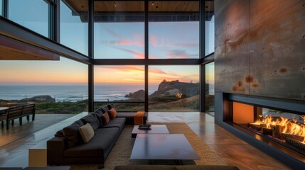 Against a backdrop of dramatic rugged cliffs the modern fireplace stands tall and proud its flames...