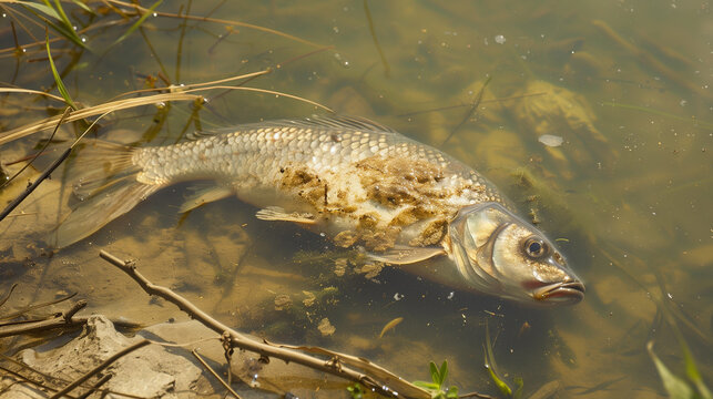 Fish dead killed from polluted water in lake pond.