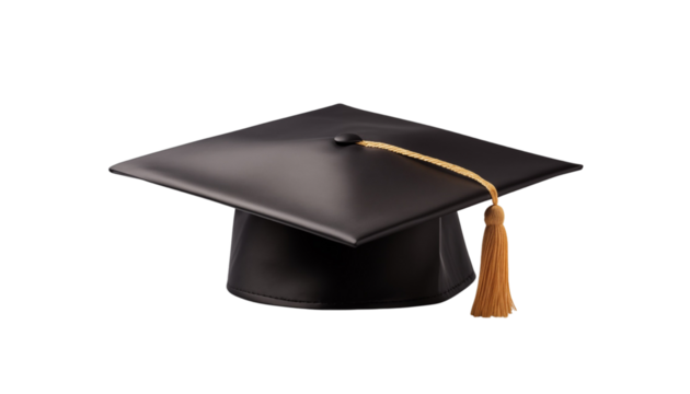 Classic black graduation cap with a gold tassel, representing academic achievement, isolated on transparent background. Generative AI