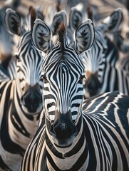 close up from a zebra surrounded with  black and white stripes in his herd - obrazy, fototapety, plakaty