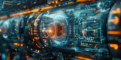 Fototapeta premium close up of a computer, A image of cutting-edge technology concepts and inventions, with futuristic gadgets and devices in a high-tech environment