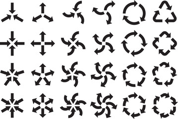 様々な形の集中・拡散・回転する矢印のベクターイラストセット