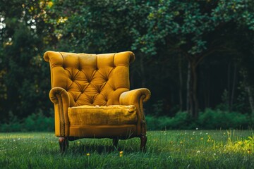 Vintage yellow chair on green grass with trees on background - generative ai