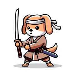 vector illustration of a dog wearing samurai clothing carrying a sword in a cartoon, minimalist and flat style isolated on a white background