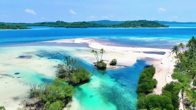 Aerial view of a man on a white paddle board in the turquoise waters of the spongebob island, mentawai, indonesia.