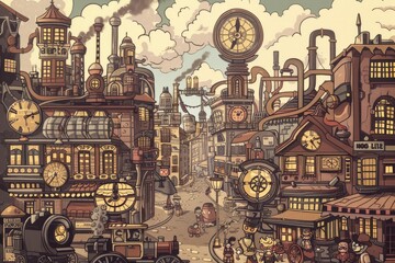 Cartoon cute doodles of a steampunk metropolis, where characters navigate bustling streets filled with steam-powered vehicles and towering skyscrapers, Generative AI