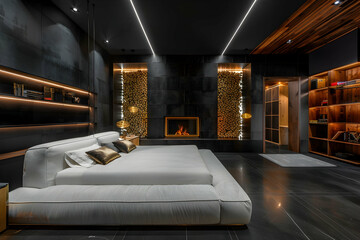 A modern and minimalist bedroom with black walls, a large white bed in the center of an elegant...