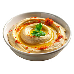 A bowl on cream hummus isolated on transparent background.