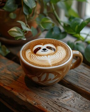 Artistic photo of a coffee cup with a latte art design resembling a sloth, captured in a trendy urban cafe with rustic wood accents , Pop art style