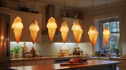 Home kitchen decorated with a series of ice cream cone lamps above the breakfast nook, adding a fun and quirky touch to family meal times , Prime Lenses