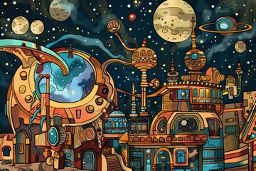 Cartoon cute doodles of a steampunk space station orbiting a distant planet, where characters explore alien landscapes and encounter technology, Generative AI