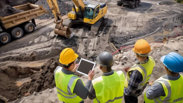 Construction workers and managers in safety vests and hard hats gathered for a meeting at a dusty job site with trucks and equipment in the background, discussing safety protocols and next steps.
