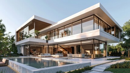 Generate a stunning 3D rendering of a luxurious modern home isolated on Earth with a pristine white...