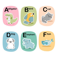 Alphabet cards for kids. Educational preschool learning ABC card with animal and letter cartoon vector illustration set. Flashcards with cute characters and english words.