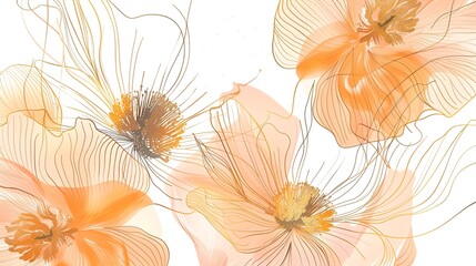 Abstract spring floral botanical flower, gold brush line art texture background illustration.