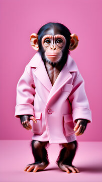 A chimpanzee with human clothes on pink background