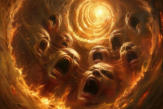 Multiple individuals with mouths agape, caught in a swirling spiral vortex of panic and fear